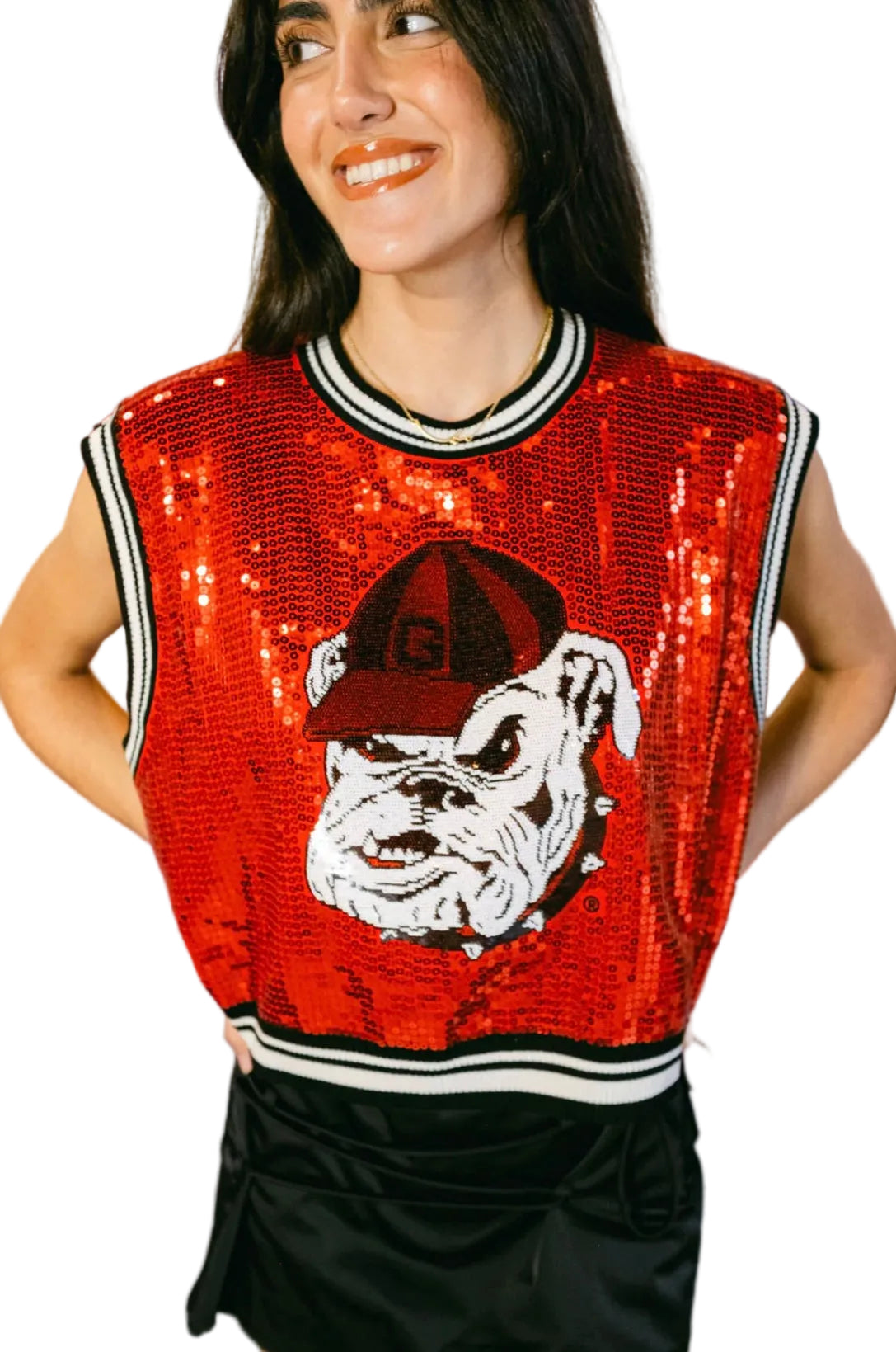 Queen of Sparkles Licensed Red Full Sequin Sweater Tank with Bulldog Head