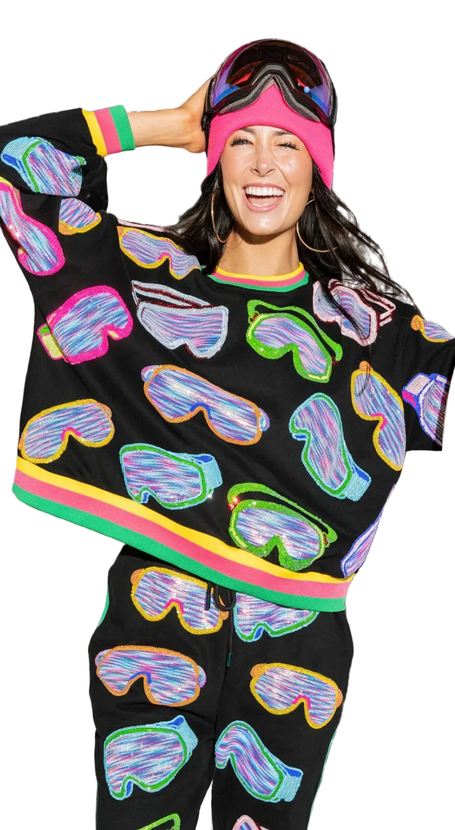 Queen of Sparkles Black Multi Ski Goggle Sport Stripe Sweatshirt