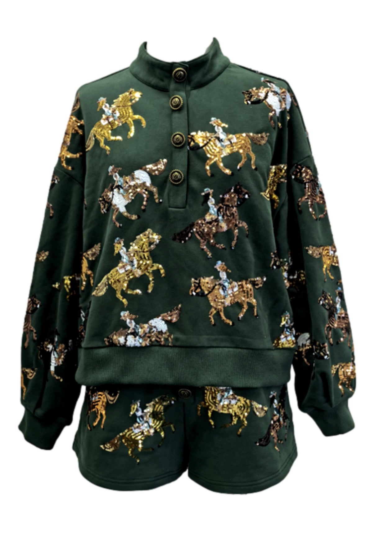 Queen of Sparkles Dark Green Horse Riders Henley Sweatshirt