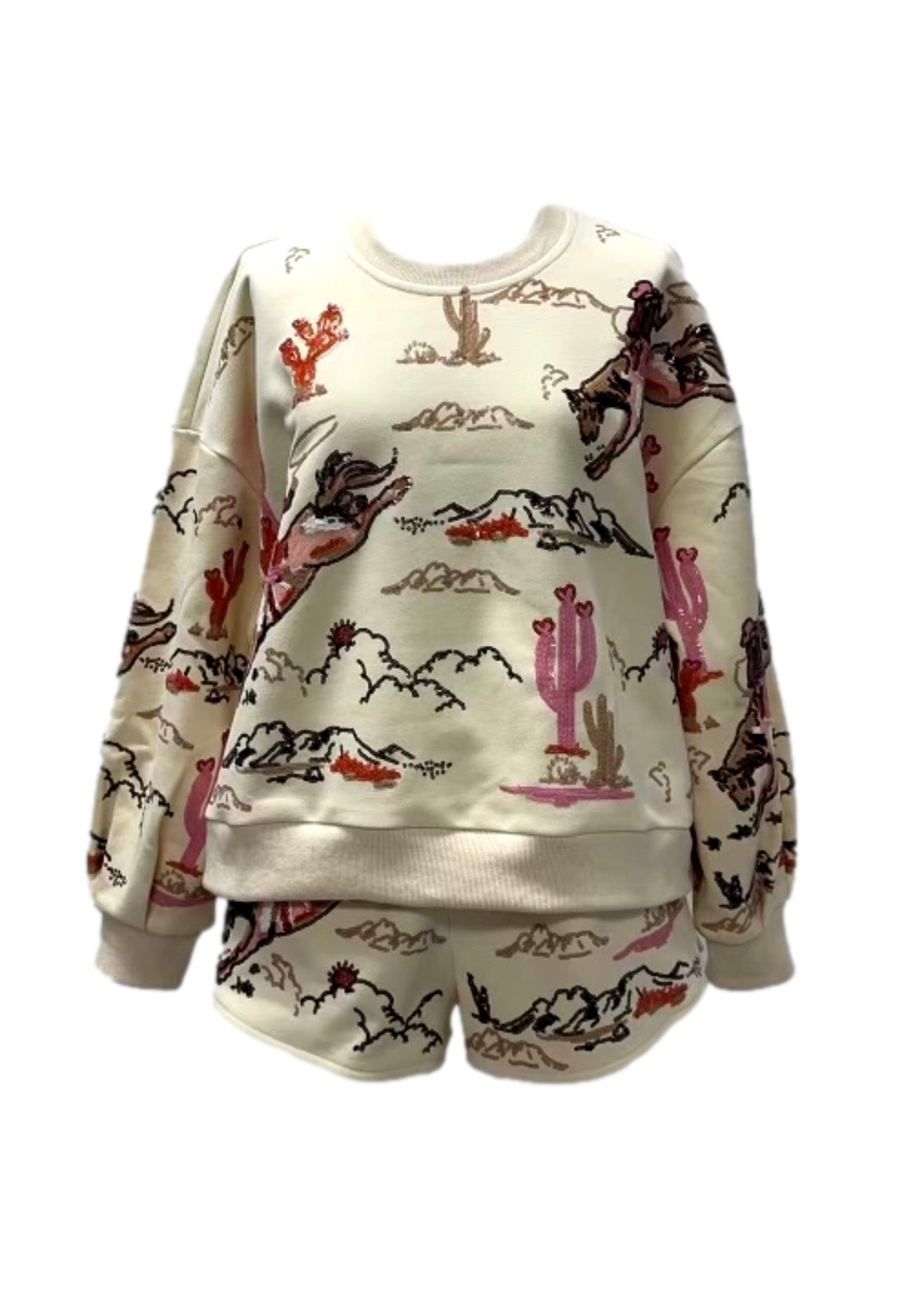 Queen of Sparkles Beige Bucking Cowgirl Sweatshirt