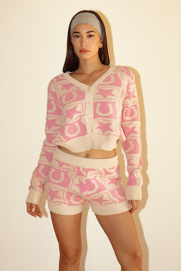 Western Cowgirl Sweater Short Set - Pink