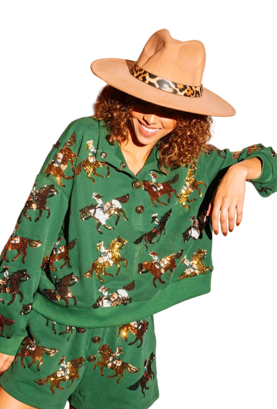 Queen of Sparkles Dark Green Horse Riders Henley Sweatshirt