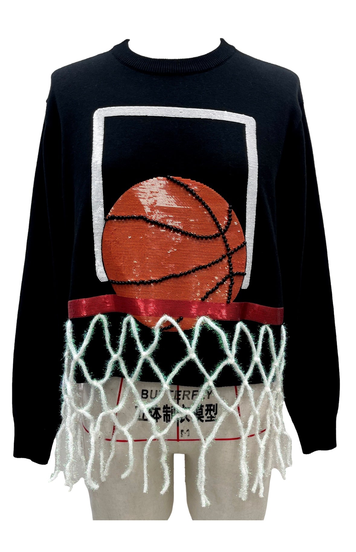 Queen of Sparkles Black Basketball Net Fringe Sweater