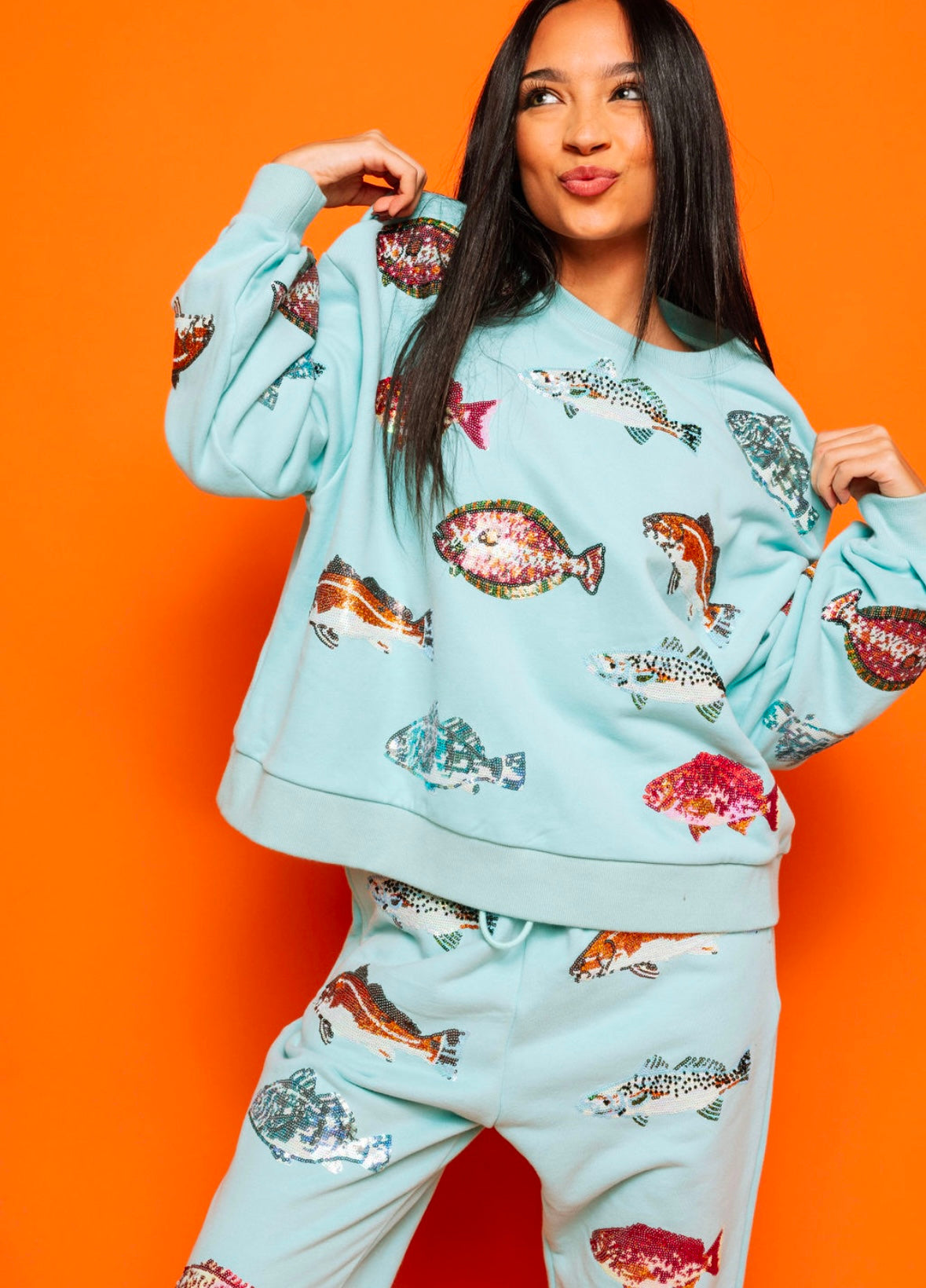 Queen of Sparkles Light Blue Fish Sweatshirt