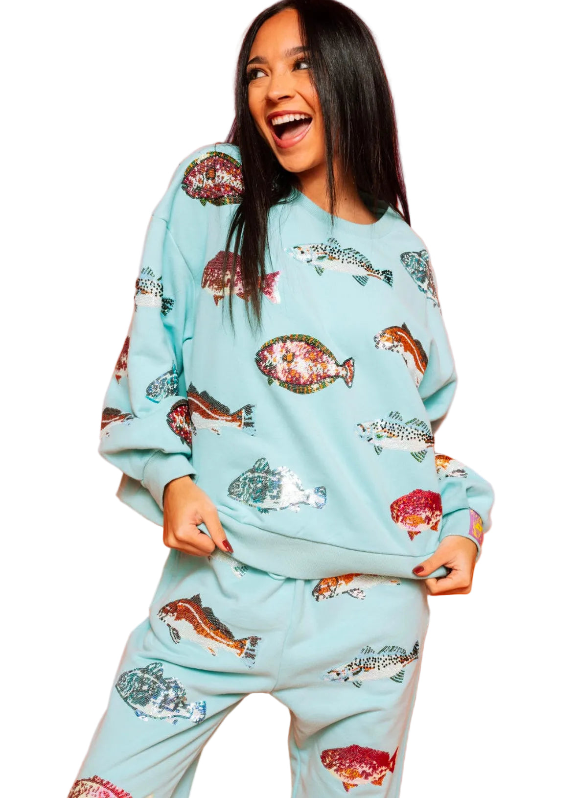 Queen of Sparkles Light Blue Fish Sweatshirt