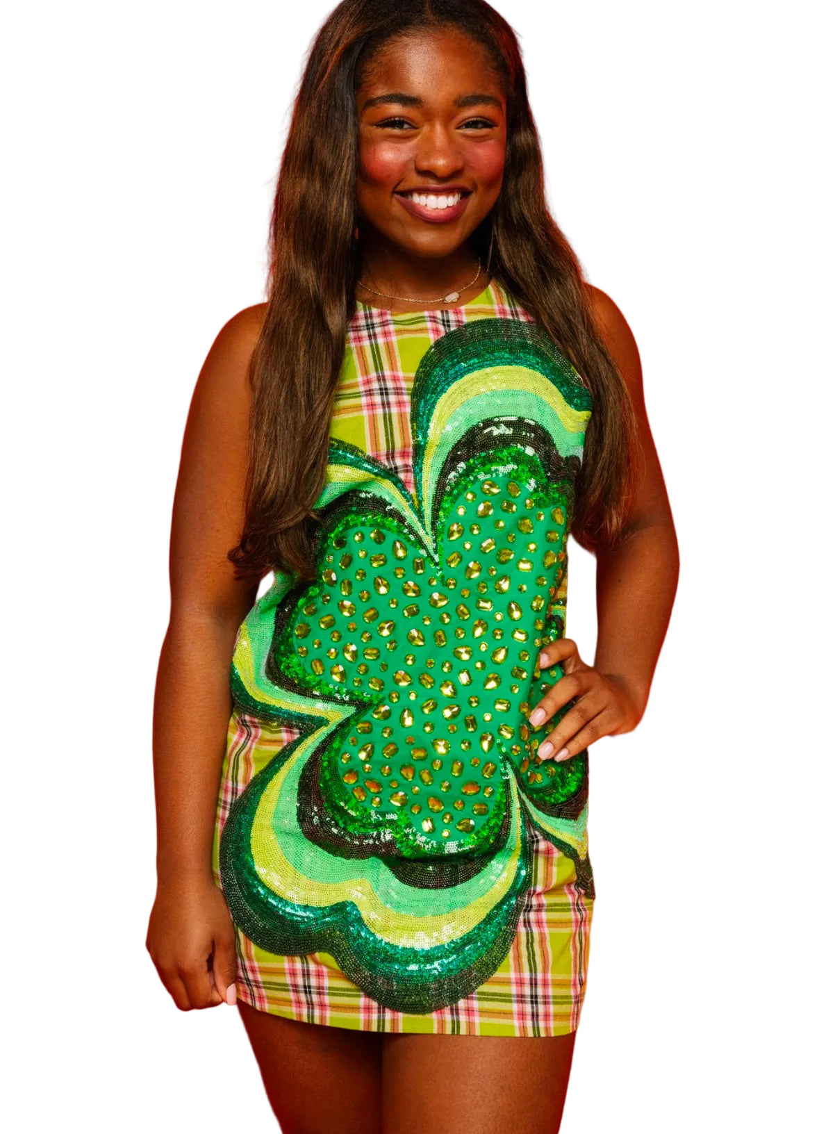 Queen of Sparkles Green Plaid Rhinestone 4 Leaf Clover Shamrock Cotton Tank Dress