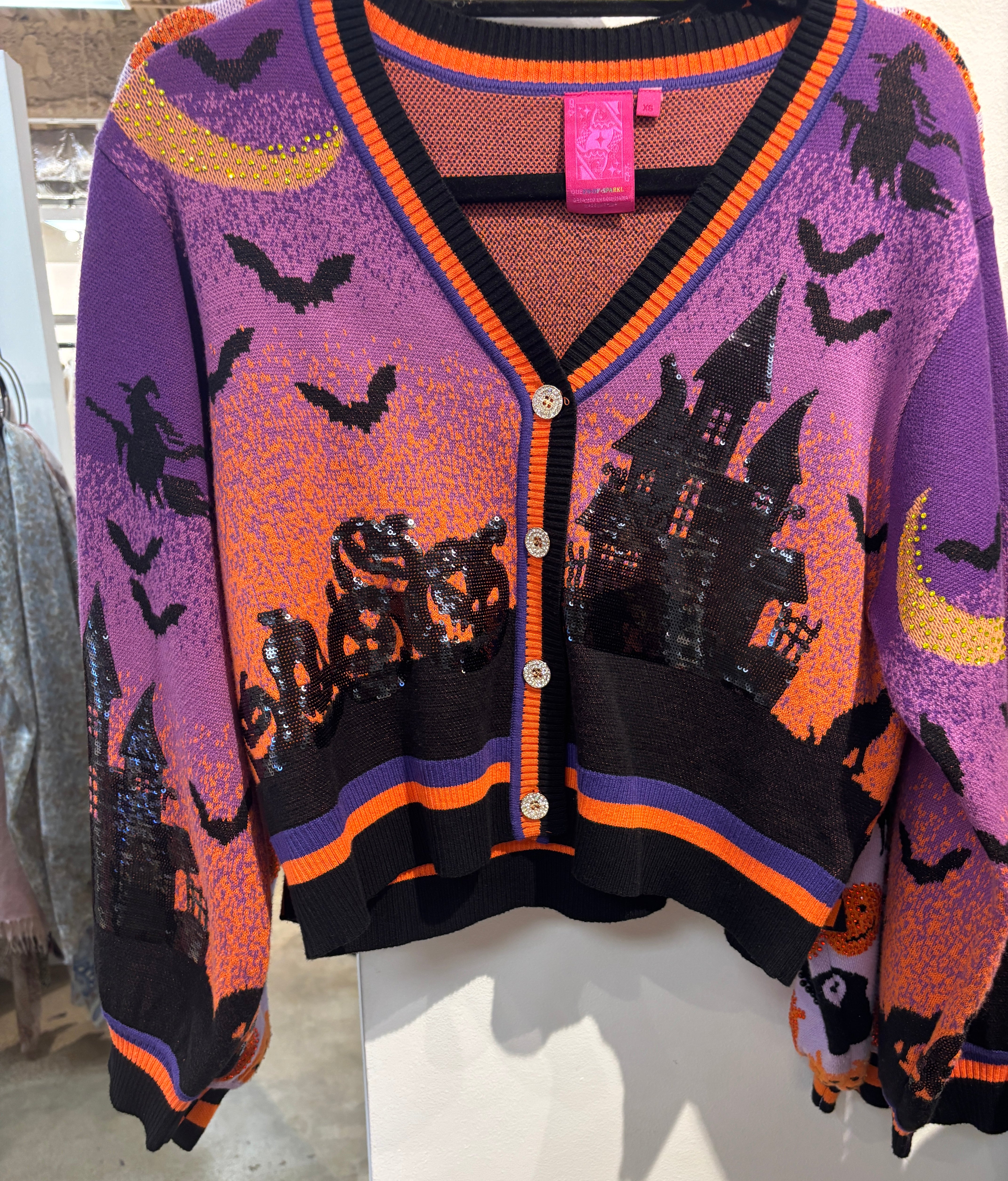 Queen of Sparkles Purple Halloween Scene Cardigan