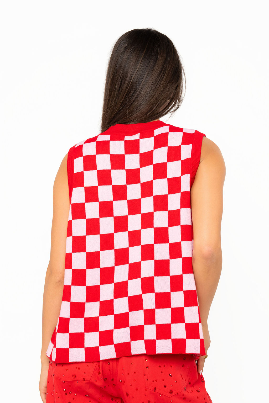 Queen of Sparkles Red & Pink Checkered Reindeer Knit Vest