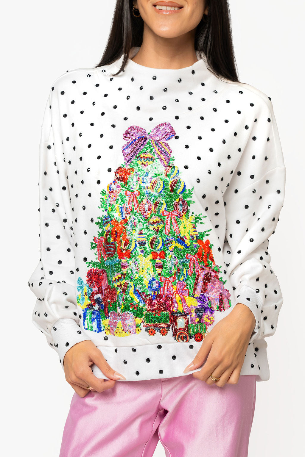 Queen of Sparkles White & Black Polka Dot Christmas Tree Sweatshirt