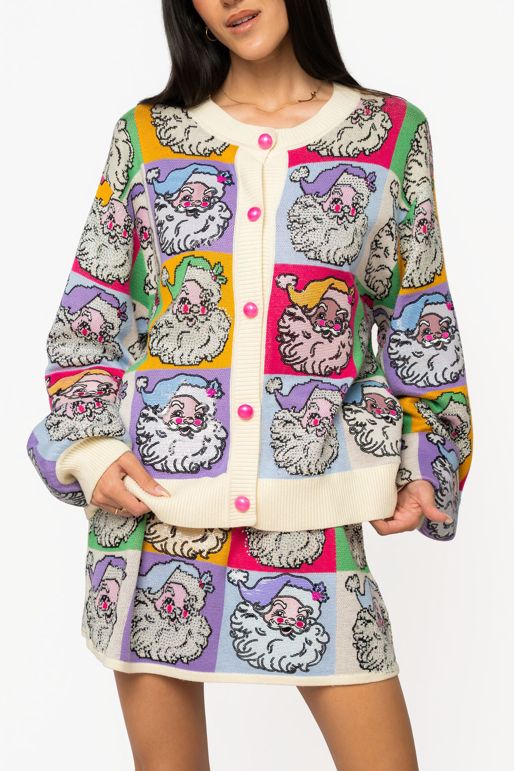 Queen of Sparkles Pastel Colorblock Santa Button Up Cardigan