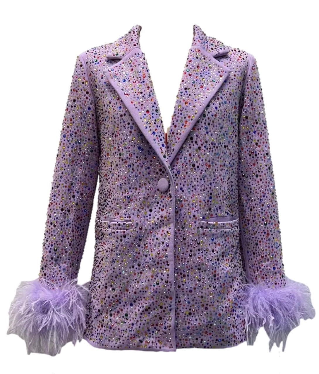 Front view of the lavender Queen of Sparkles rhinestone blazer on a white background, showing its notched lapels, front button, pockets, and feather cuffs.