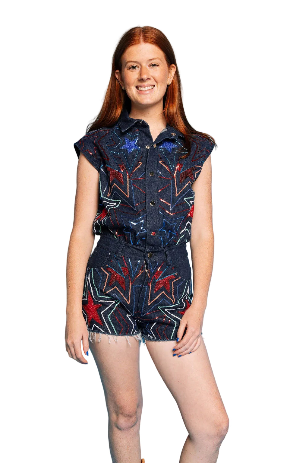 Queen of Sparkles Denim Groovy Star Romper