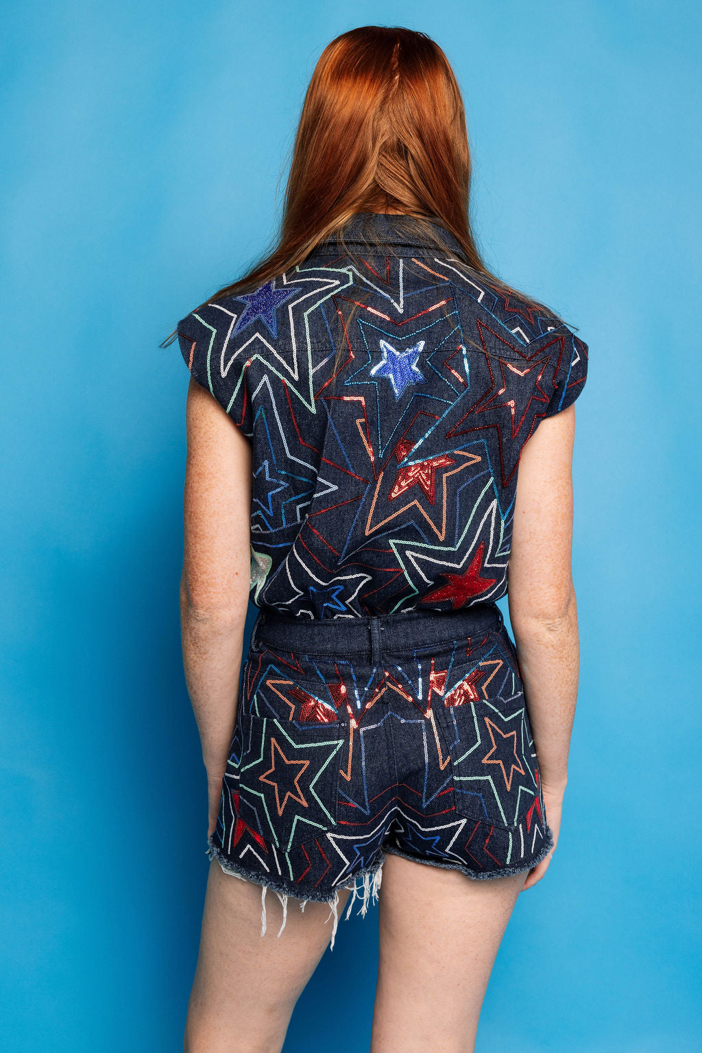 Queen of Sparkles Denim Groovy Star Romper