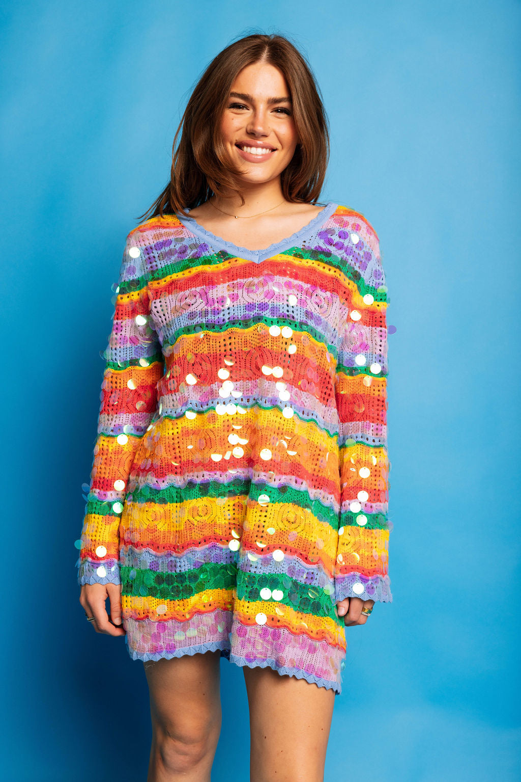 Queen of Sparkles Rainbow Sripe Pailette Long Sleeve Knit Dress