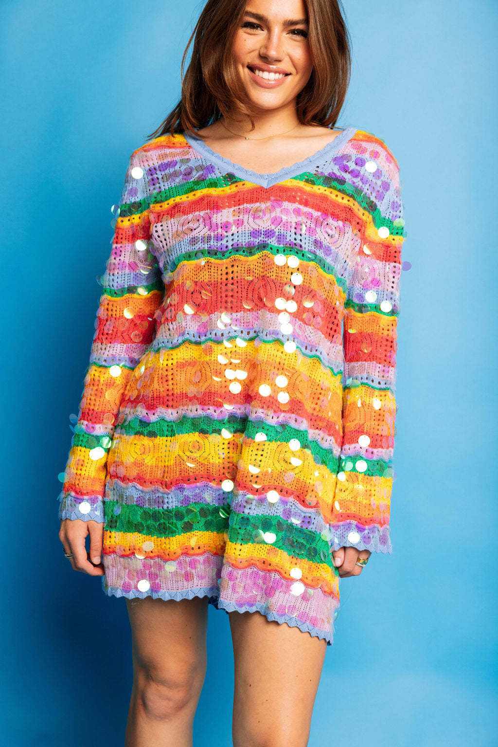 Queen of Sparkles Rainbow Sripe Pailette Long Sleeve Knit Dress