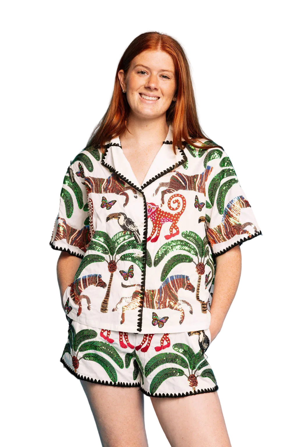 Queen of Sparkles White & Black Trim Safari Button Up Top