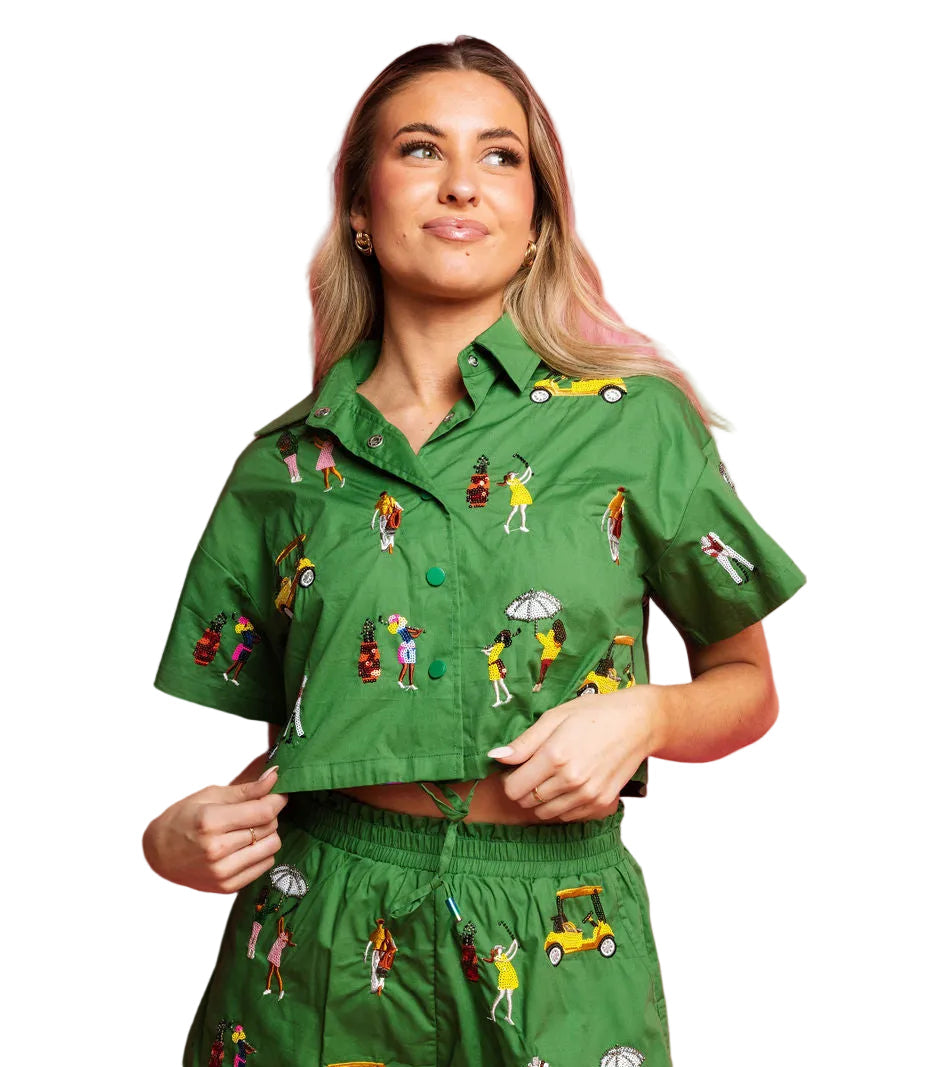 Queen of Sparkles Green Golfing Girls Cotton Collar Top