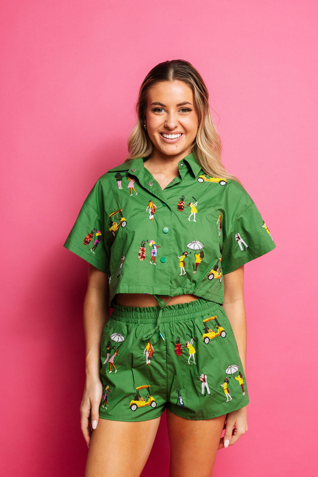 Queen of Sparkles Green Golfing Girls Cotton Collar Top