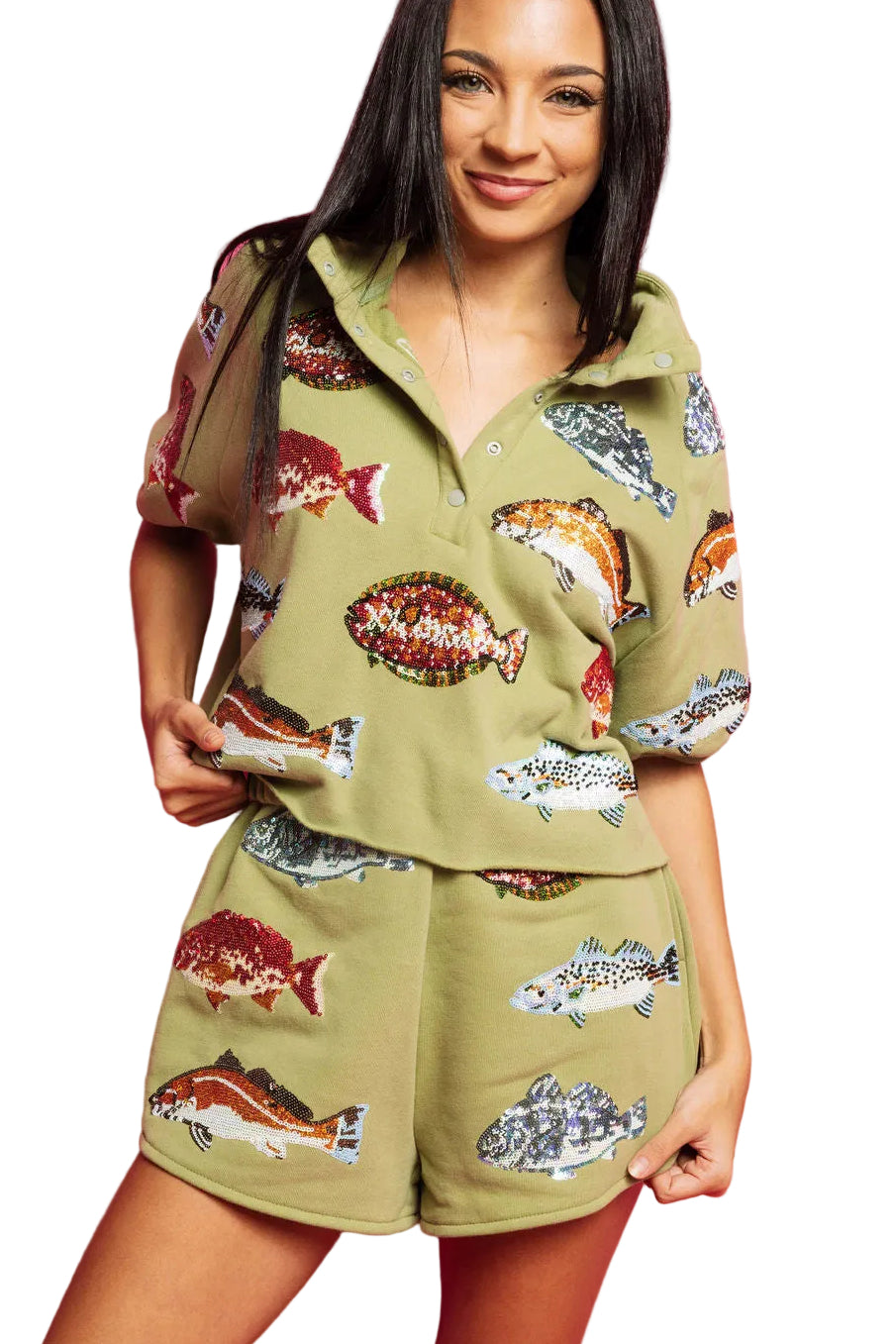Queen of Sparkles Green Multi Fish Henley Short