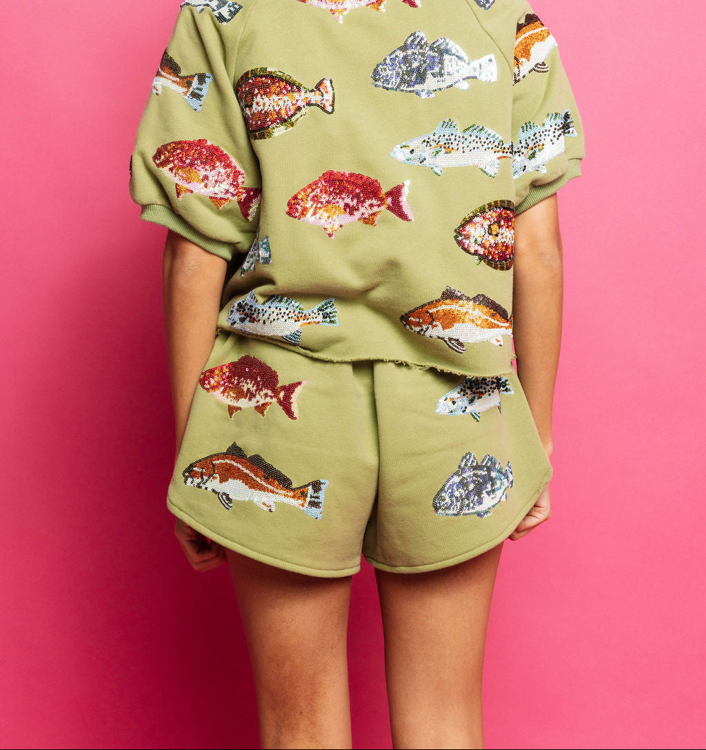 Queen of Sparkles Green Multi Fish Henley Short