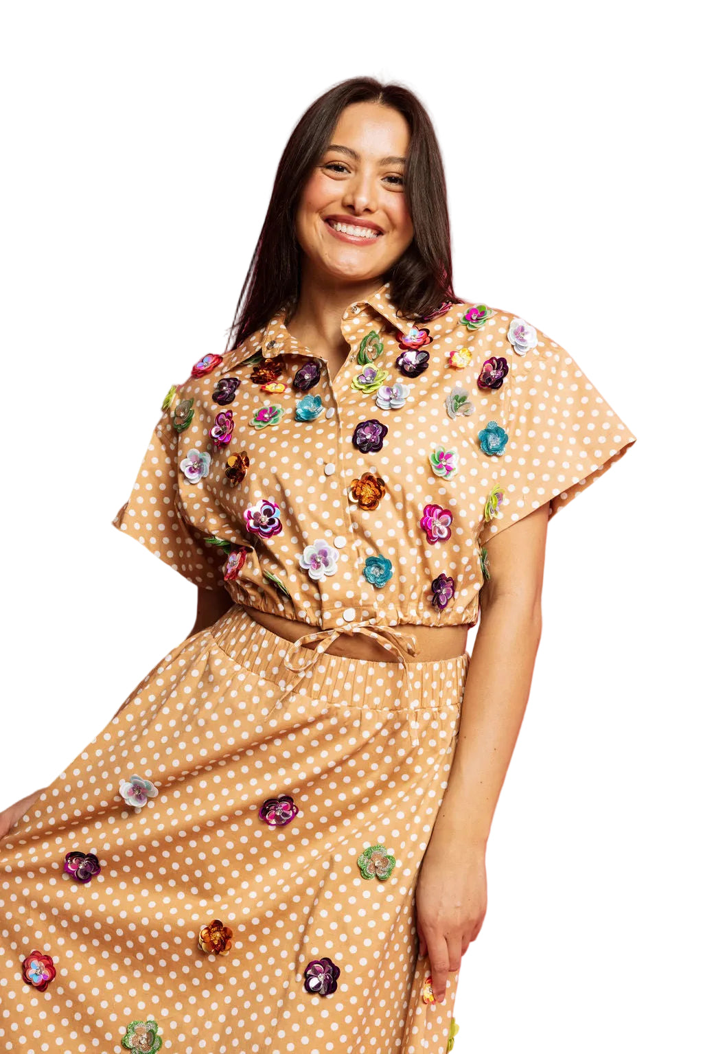 Queen of Sparkles Brown & White Polka Dot Sequin Flower Cotton Button Up Top