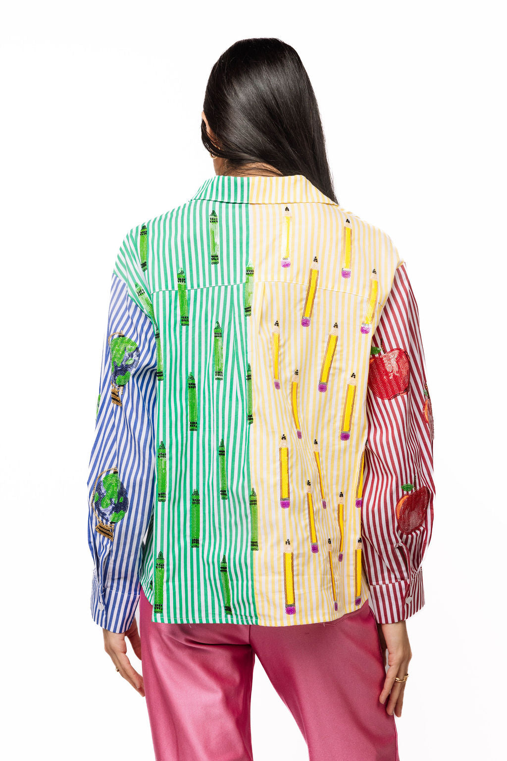 Back view of the Queen of Sparkles teacher button-up, showing multicolor vertical stripes and pencil-themed embellishments across the shirt and sleeves.