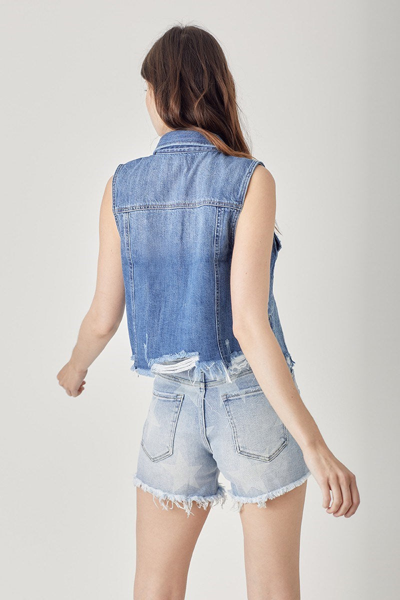 Risen Jeans Dark Distressed Crop Denim Vest