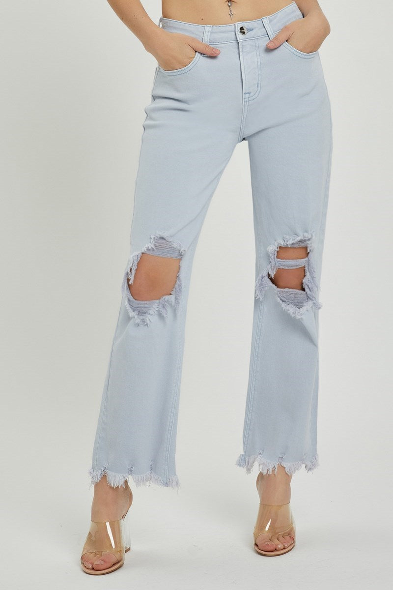 Risen High Rise Knee Distressed Straight Pants - Ice Blue
