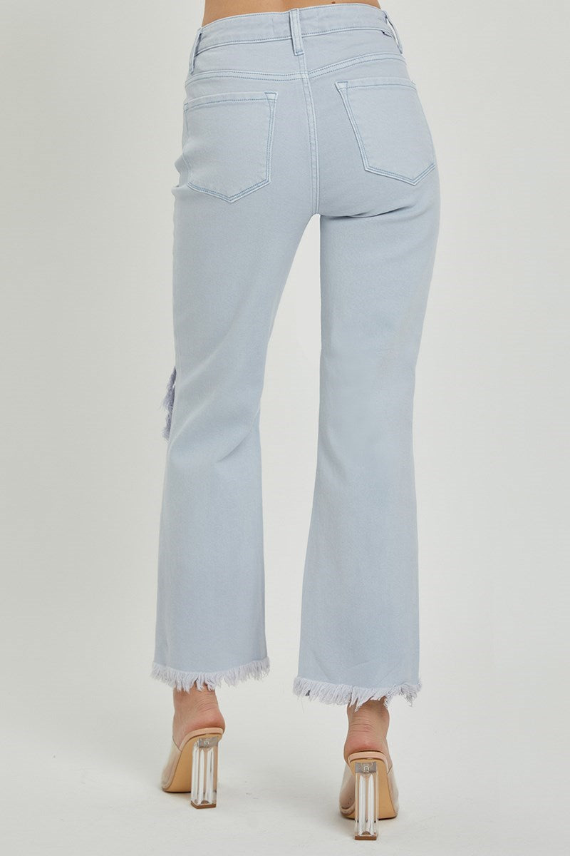 Risen High Rise Knee Distressed Straight Pants - Ice Blue