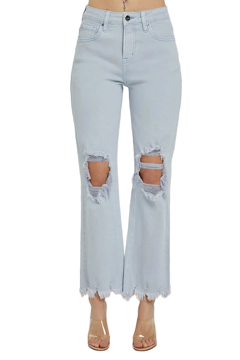 Risen High Rise Knee Distressed Straight Pants - Ice Blue