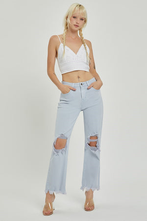 Risen High Rise Knee Distressed Straight Pants - Ice Blue