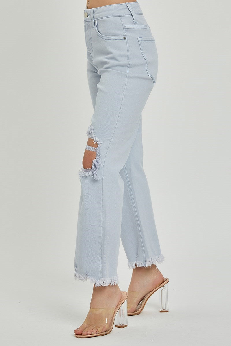 Risen High Rise Knee Distressed Straight Pants - Ice Blue
