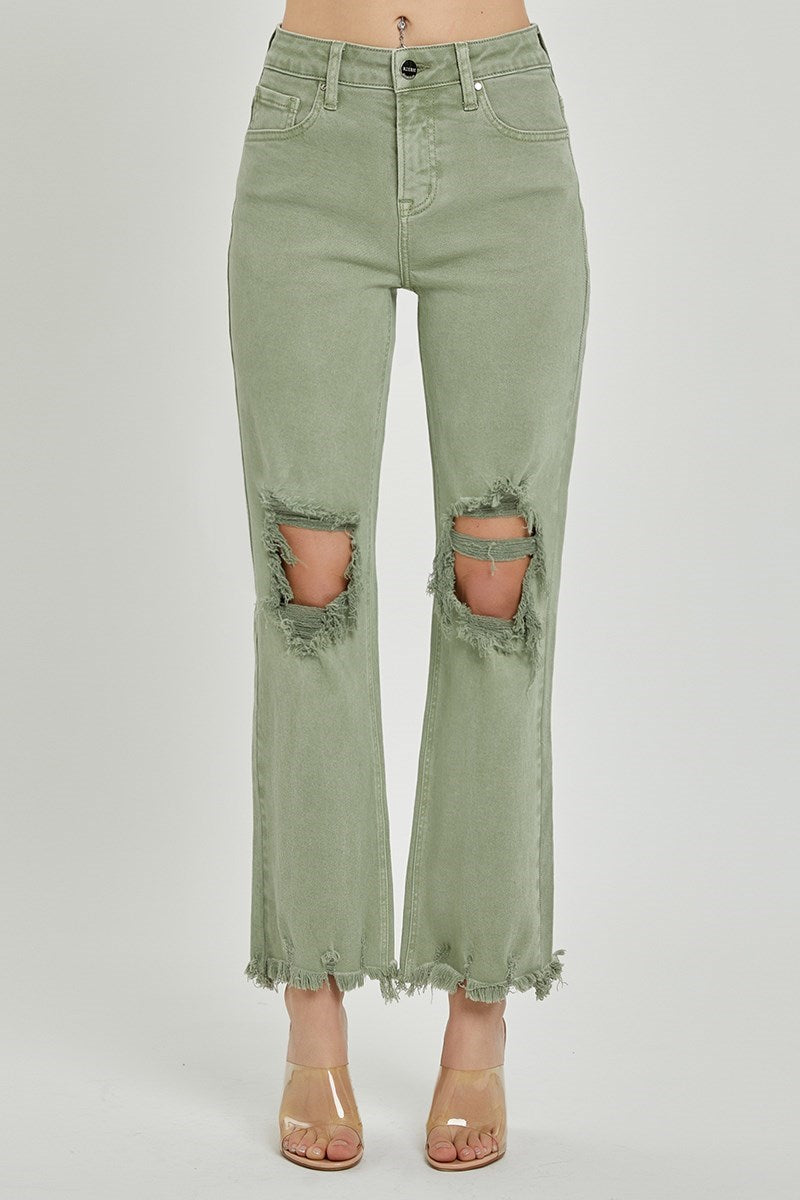 Risen High Rise Knee Distressed Straight Pants - Olive