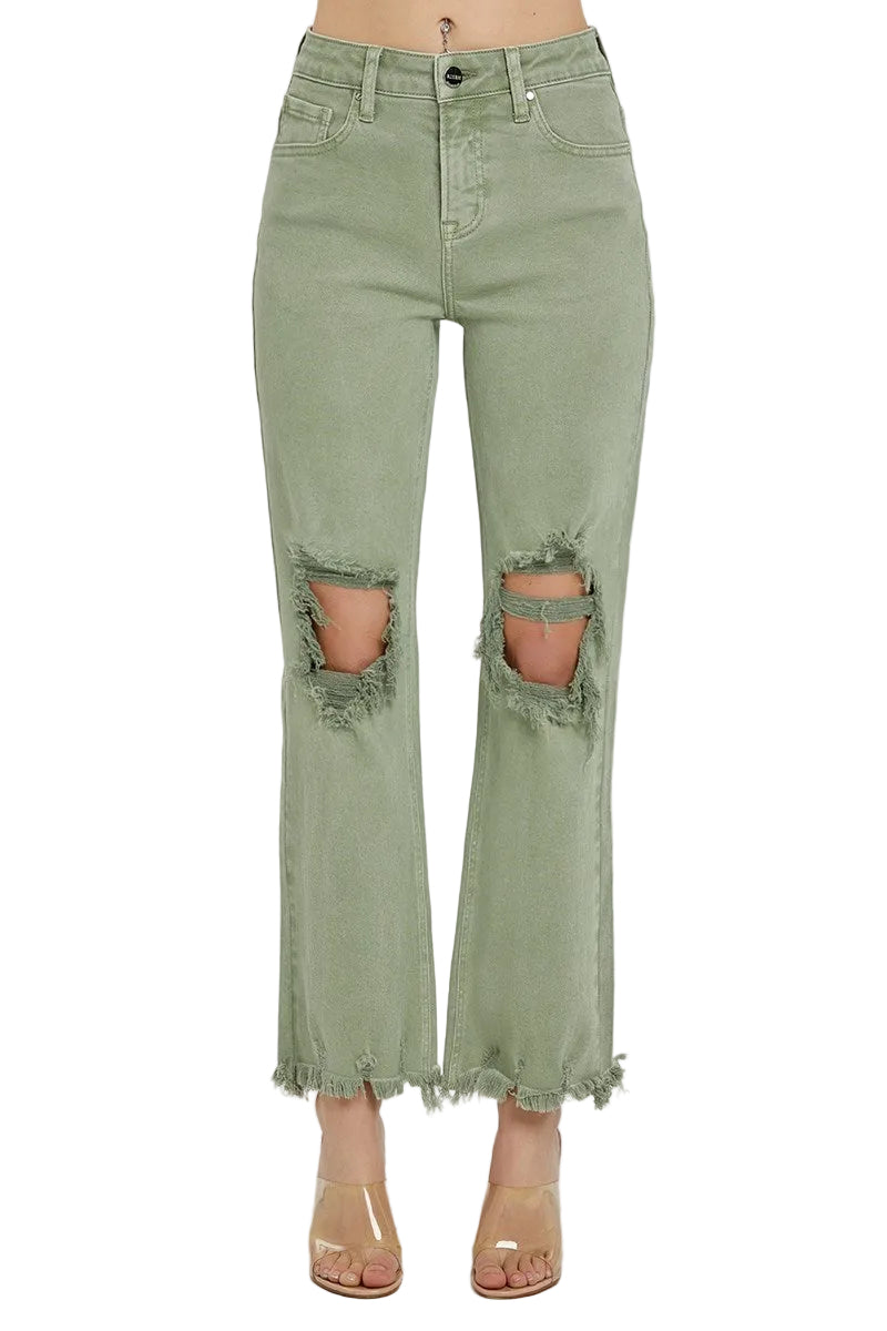 Risen High Rise Knee Distressed Straight Pants - Olive