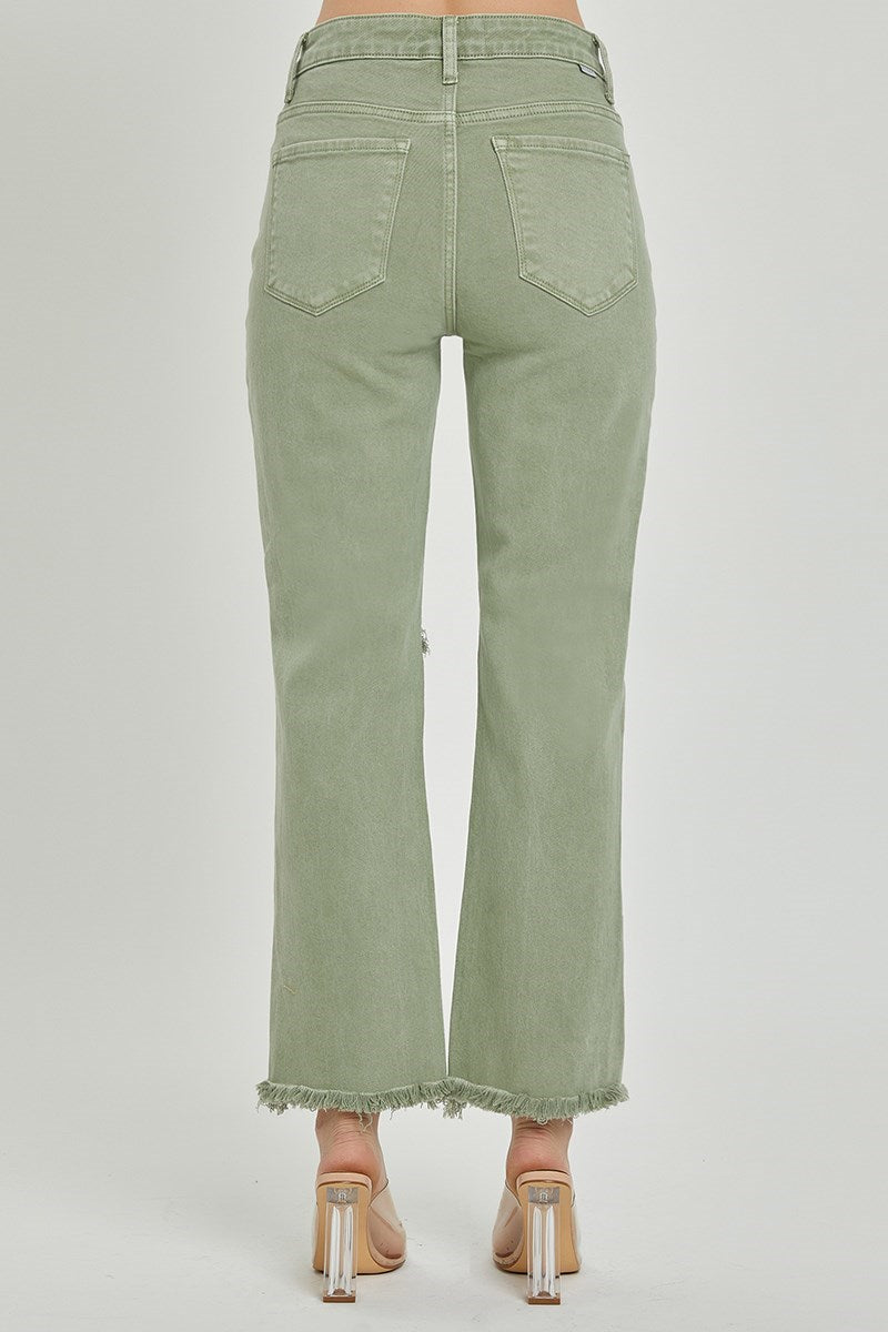 Risen High Rise Knee Distressed Straight Pants - Olive