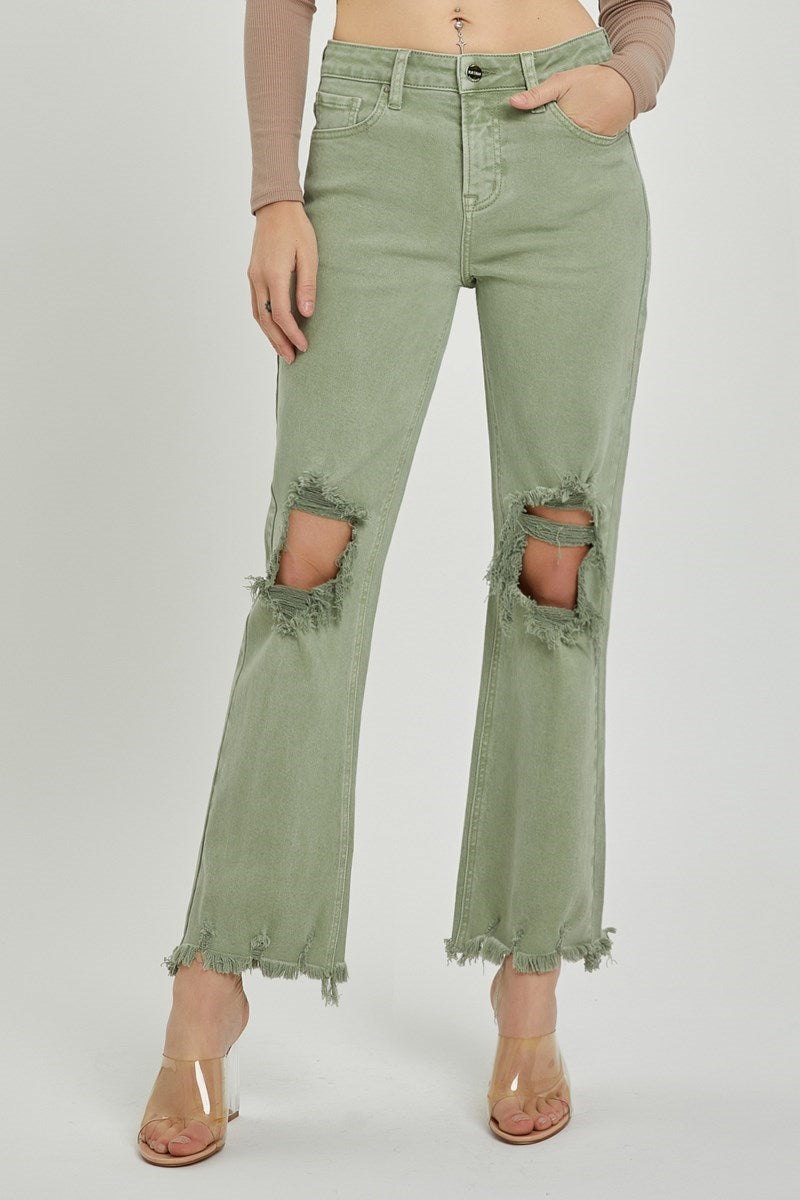 Risen High Rise Knee Distressed Straight Pants - Olive