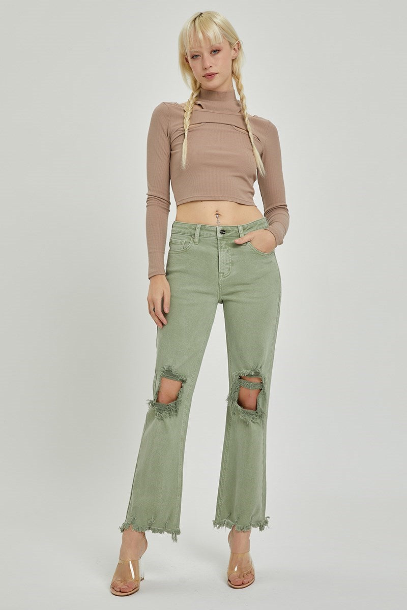 Risen High Rise Knee Distressed Straight Pants - Olive