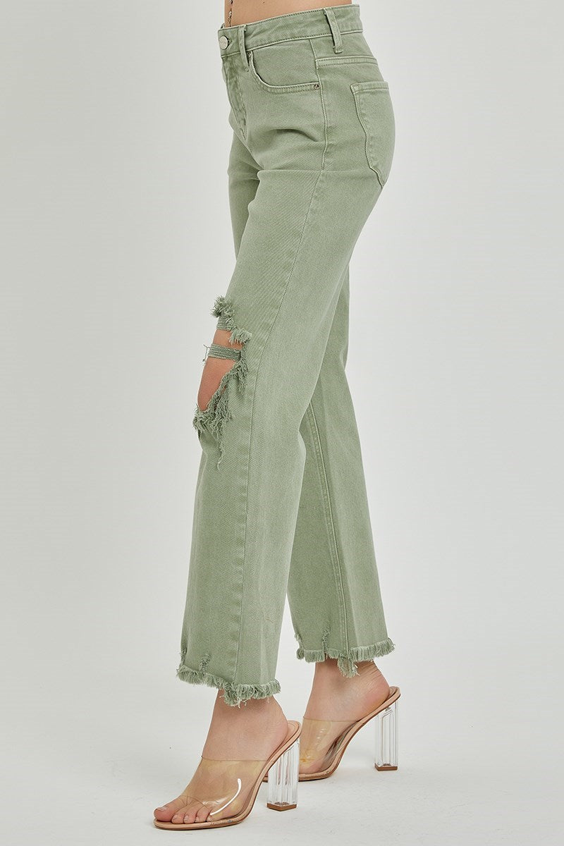 Risen High Rise Knee Distressed Straight Pants - Olive