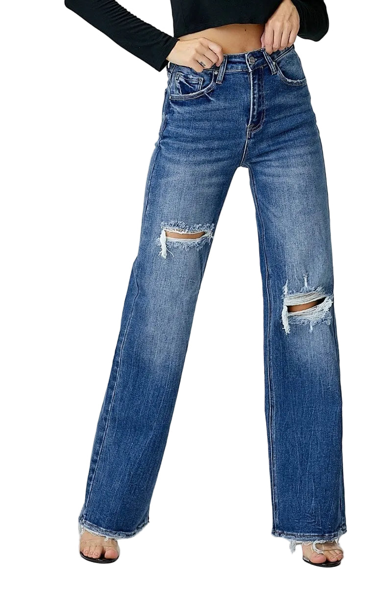 Risen High Rise Ripped Wide Leg Jeans