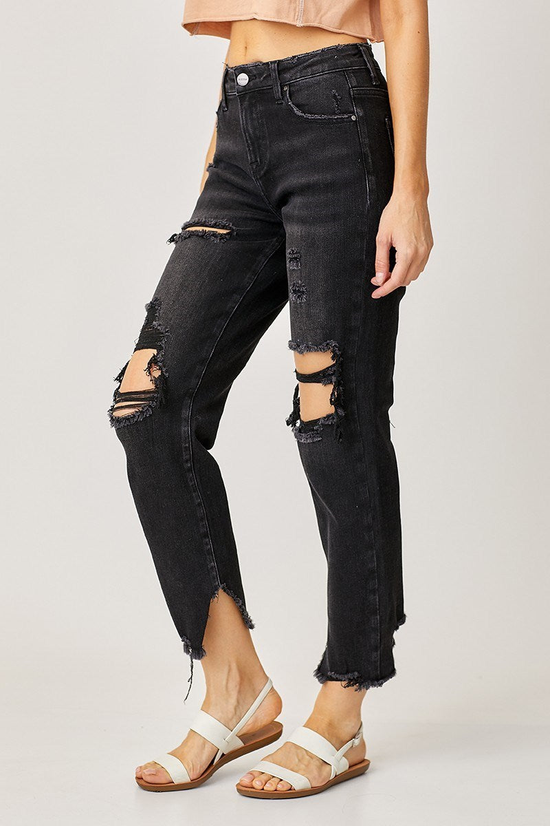 Risen Mid-Rise Crop tapered Boyfriend Jeans Black