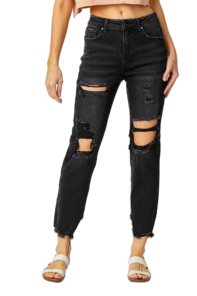Risen Mid-Rise Crop tapered Boyfriend Jeans Black