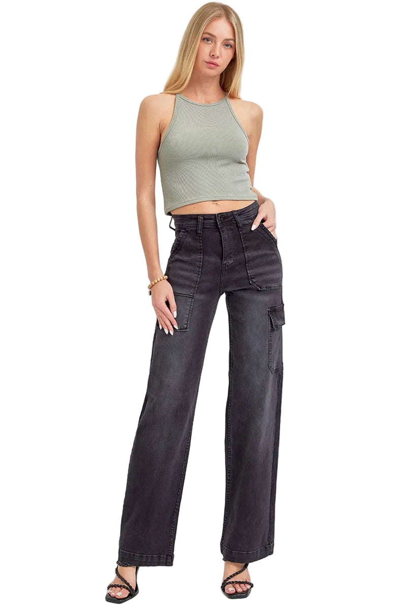 Risen High Rise Cargo Pocket Wide Jeans
