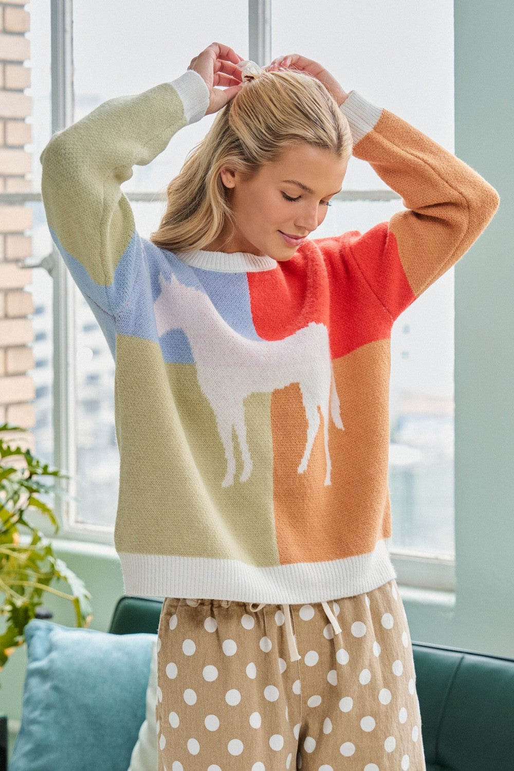 Women's Colorblock Western Horse Sweater