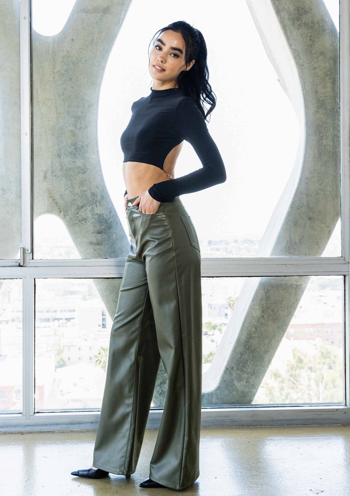 Faux Leather Wide Leg Pants: Black by Vibrant M.i.U