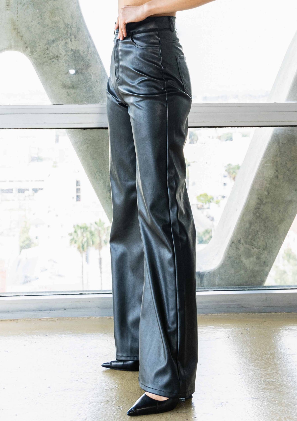 Faux Leather Wide Leg Pants: Black by Vibrant M.i.U