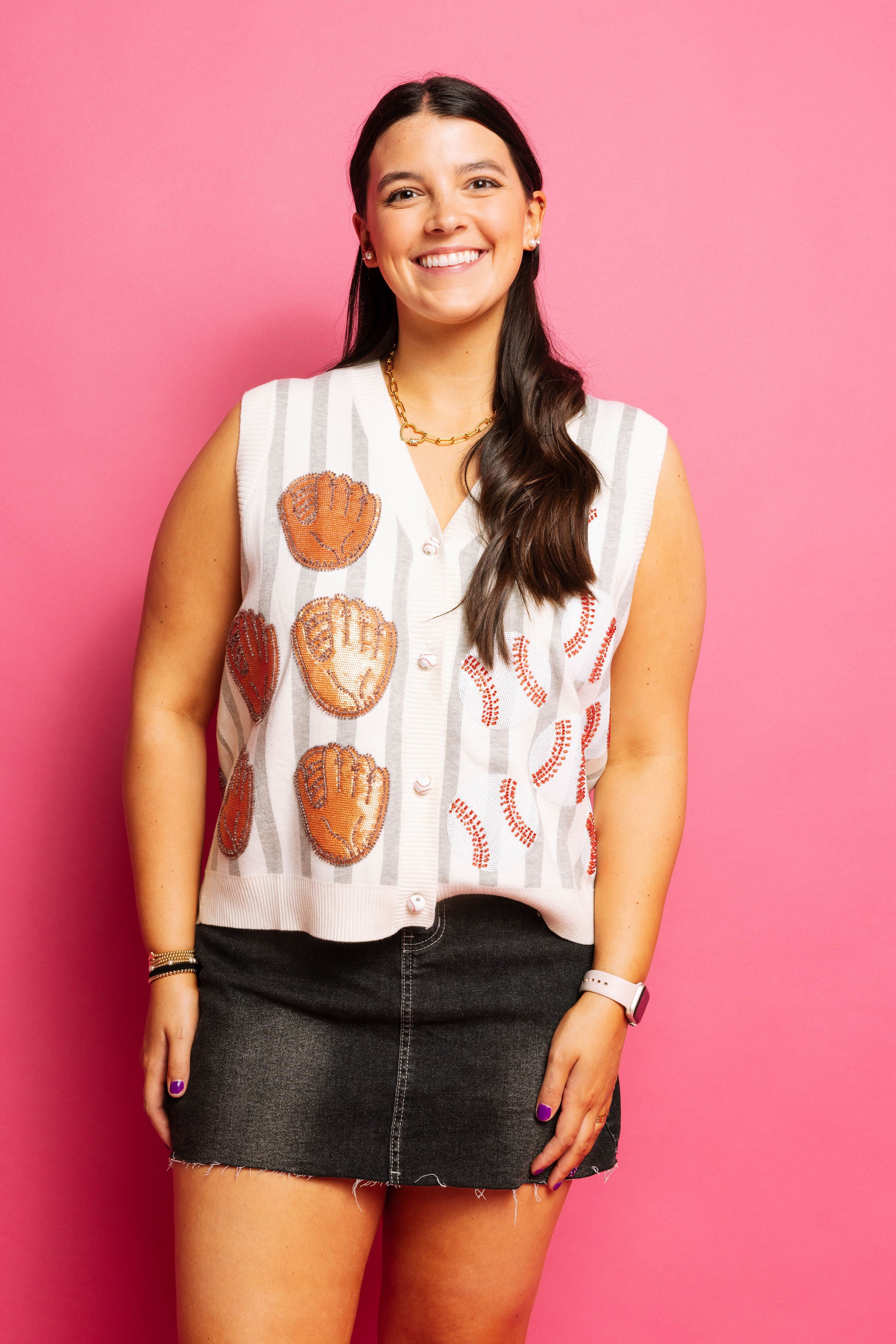 Queen of Sparkles Grey & White Stripe Baseball & Globe Button Up Tank