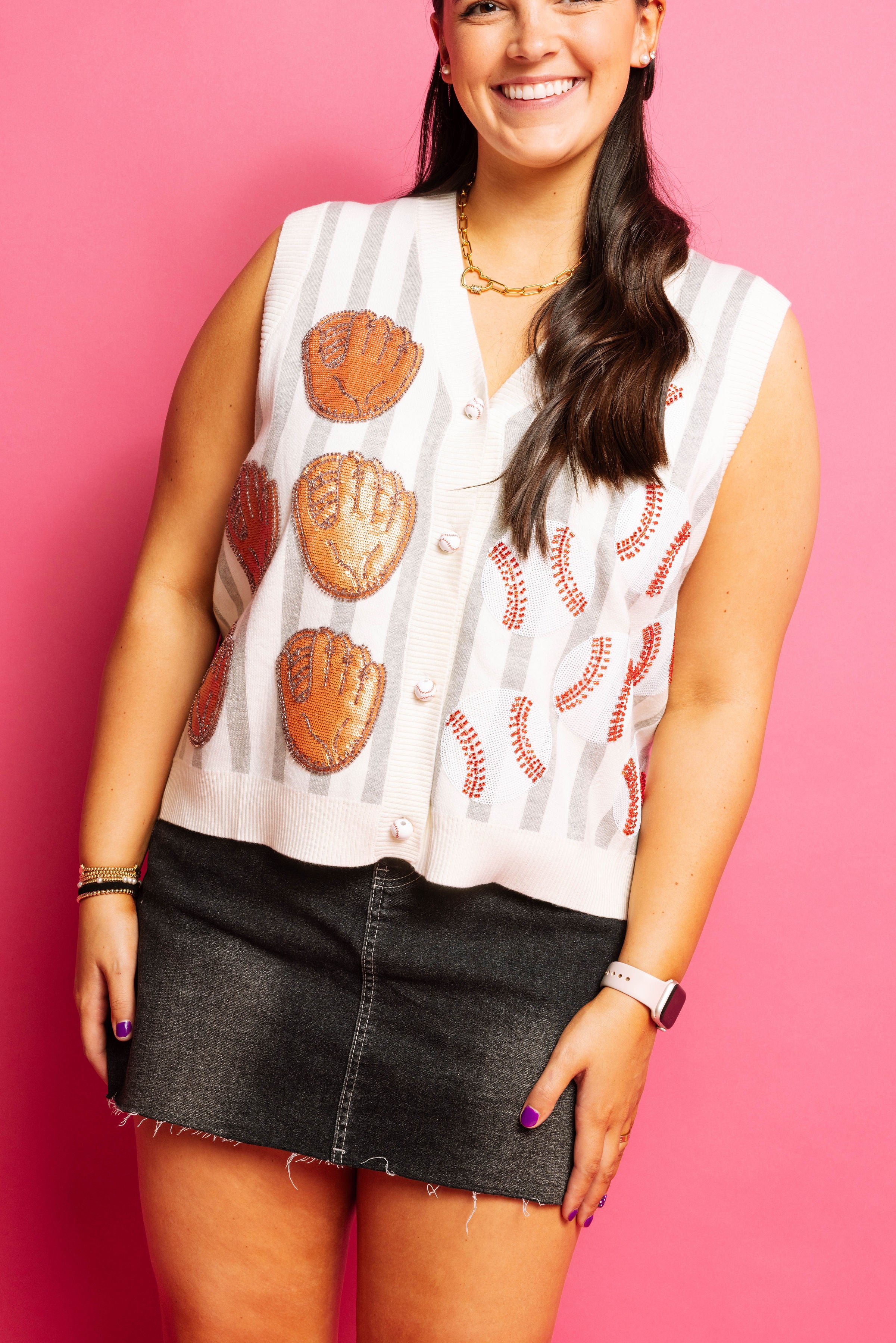 Queen of Sparkles Grey & White Stripe Baseball & Globe Button Up Tank