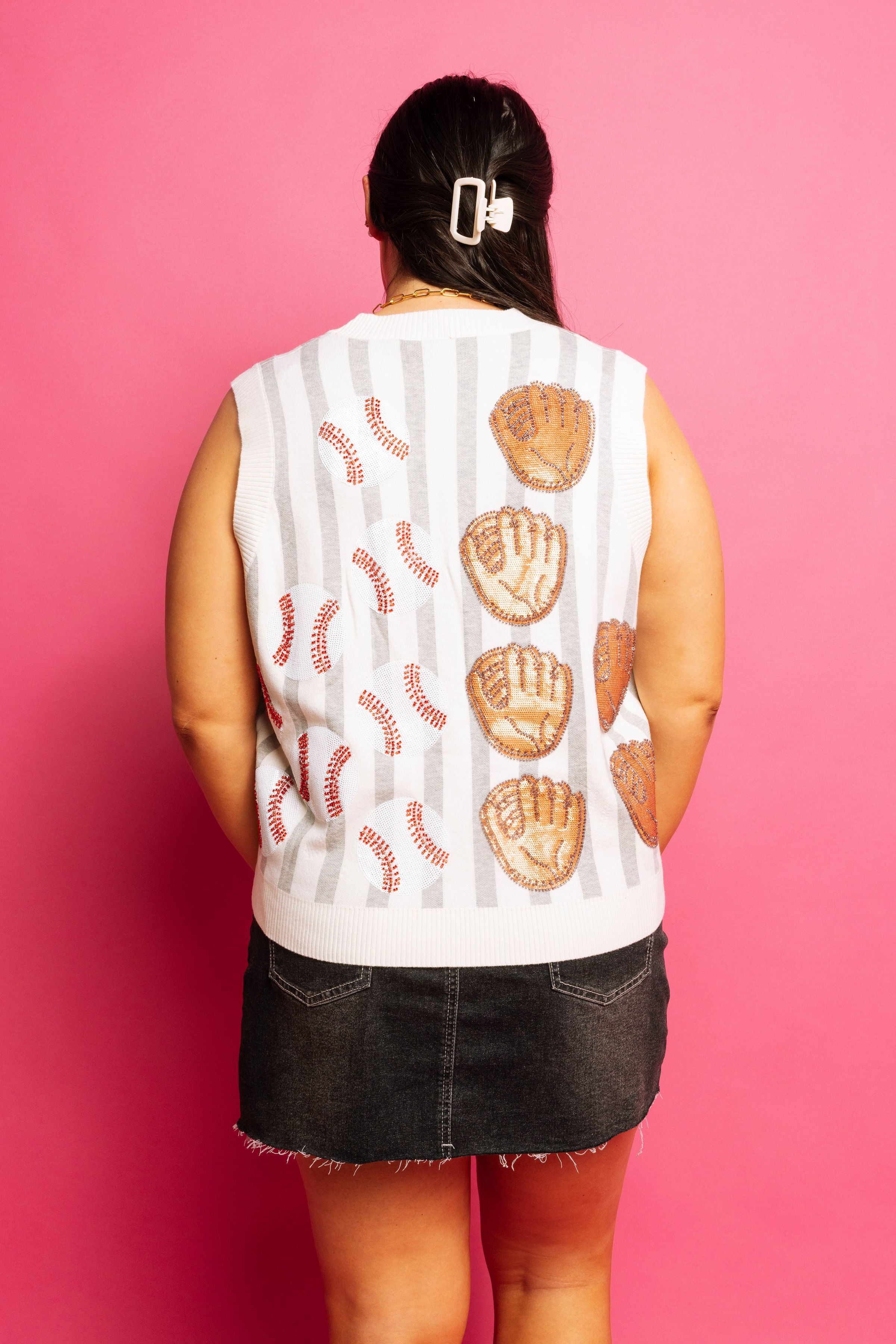 Queen of Sparkles Grey & White Stripe Baseball & Globe Button Up Tank