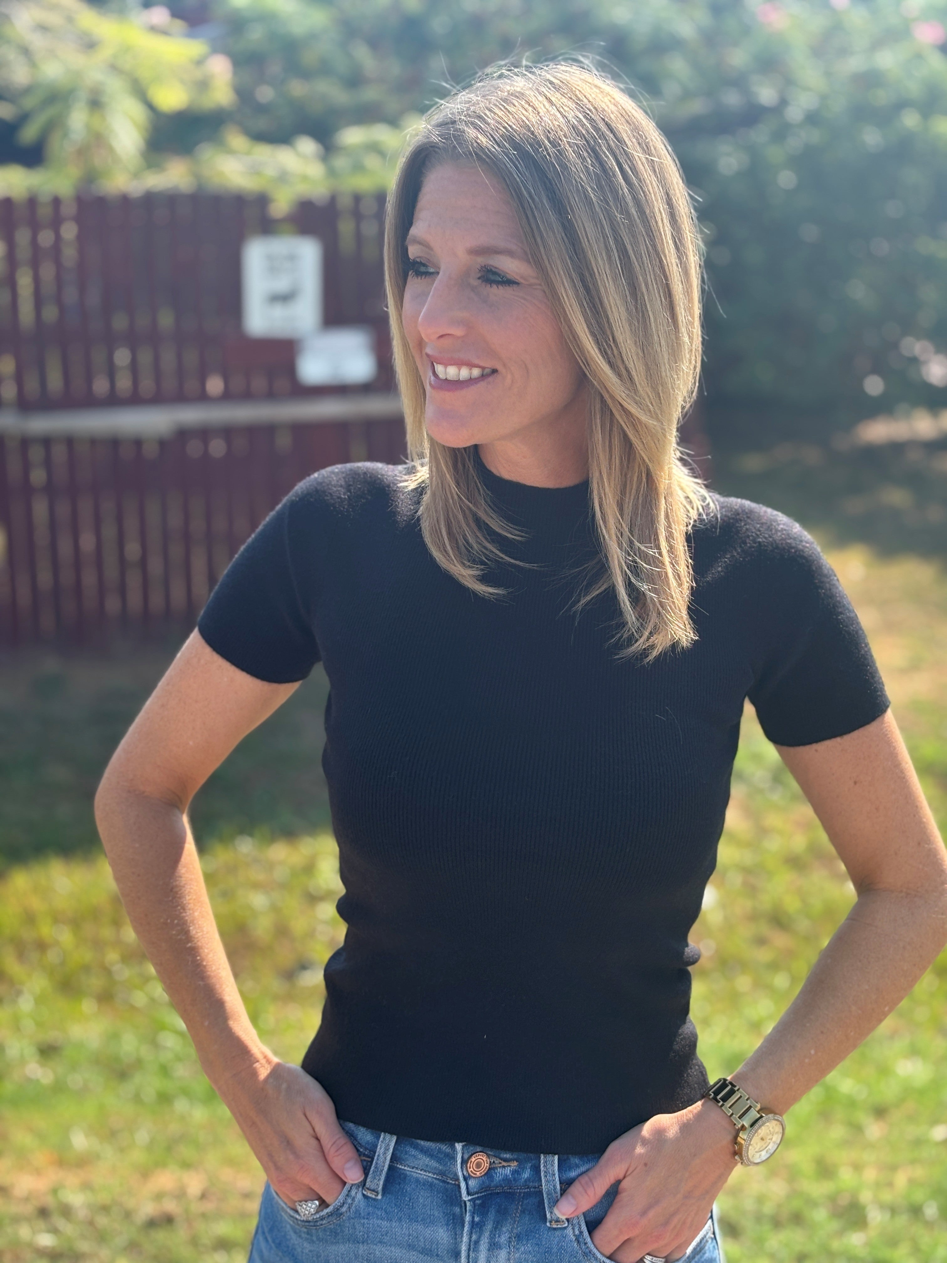 Short Sleeve Soft Knit Sweater Top - Black