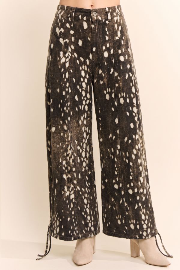 Chocolate Brown Fawn Spot Corduroy Wide-Leg Pants with Tie Hems